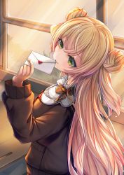 Rule 34 | 1girl, absurdres, blonde hair, brown sweater, classroom, commentary request, desk, dincat, double bun, gradient hair, green eyes, hair bun, highres, holding, holding letter, hololive, indoors, letter, long hair, long sleeves, looking away, love letter, momosuzu nene, momosuzu nene (casual), mouth hold, multicolored hair, pink hair, school desk, solo, sweater, two side up, upper body, very long hair, virtual youtuber, window