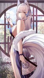 Rule 34 | 1girl, absurdres, animal ear fluff, animal ears, azur lane, bare shoulders, black dress, black ribbon, blue flower, blush, breasts, brown eyes, closed mouth, cup, dress, drinking glass, feet out of frame, flower, folding fan, fox ears, fox girl, fox tail, from behind, fur shawl, hair flower, hair ornament, hand fan, highres, holding, holding cup, holding fan, indoors, large breasts, large tail, long hair, looking at viewer, looking back, pelvic curtain, ribbon, round window, samip, shawl, shinano (azur lane), shinano (dreams of the hazy moon) (azur lane), sideboob, silver hair, solo, standing, tail, thighs, very long hair, window, wrist ribbon