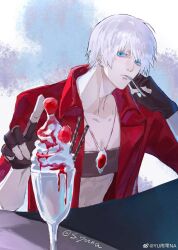 Rule 34 | 1boy, belt, belt bra, bishounen, blue eyes, coat, colored eyelashes, crop top, dante (devil may cry), dessert, devil may cry, devil may cry (series), devil may cry 3, fingerless gloves, food, fruit, gloves, highres, male focus, pale skin, red coat, solo, strawberry, utensil in mouth, weibo 6129080817, white hair