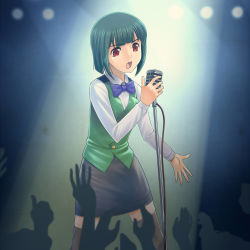 Rule 34 | 1girl, black skirt, black thighhighs, blue bow, blue bowtie, blunt bangs, bow, bowtie, breasts, collared shirt, cropped legs, green hair, idolmaster, idolmaster (classic), long sleeves, microphone, microphone stand, muhi11234, music, open mouth, otonashi kotori, parody, pencil skirt, red eyes, shirt, short hair, singing, skirt, solo, standing, streets of fire, thighhighs, vest, white shirt, zettai ryouiki