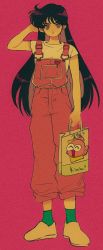 Rule 34 | 1girl, arm behind head, bag, bishoujo senshi sailor moon, black hair, blue eyes, commentary request, earrings, film grain, full body, heart, highres, hino rei, holding, holding bag, jewelry, long hair, looking at viewer, overalls, pikurusu, shoes, shopping bag, short sleeves, socks, solo
