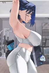 Rule 34 | 1girl, archinoer, armpit lips, armpits, arms up, bag, blue hair, breasts, closed eyes, covered erect nipples, curvy, from side, gym, gym shorts, highres, hololive, hololive english, huge breasts, open mouth, ouro kronii, pants, profile, shorts, solo, tank top, virtual youtuber, yoga pants