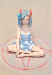 Rule 34 | 1girl, bare shoulders, barefoot, blue dress, bow, breasts, demon girl, dress, fangs, full body, grey eyes, hair bow, highres, horns, looking at viewer, medium hair, original, pentagram, red horns, sitting, small breasts, smile, solo, yellow pupils, yugen99