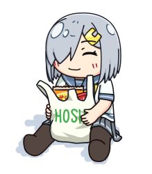 Rule 34 | bag, black pantyhose, chips (food), closed eyes, commentary request, food, grey hair, grey sailor collar, grey skirt, groceries, hair ornament, hair over one eye, hairclip, hama! (3toshinhmkz), hamakaze (kancolle), kantai collection, neckerchief, no nose, pantyhose, plastic bag, pleated skirt, potato chips, sailor collar, school uniform, serafuku, short hair, simple background, sitting, skirt, smile, white background, yellow neckerchief
