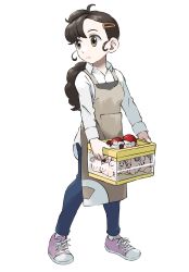 Rule 34 | 1girl, ahoge, apron, blue pants, box, brown apron, brown eyes, brown hair, case-k, character doll, clefairy, closed mouth, collared shirt, commentary request, creatures (company), full body, game freak, gen 1 pokemon, hair ornament, hairclip, highres, holding, holding box, long hair, long sleeves, nintendo, original, pants, pink footwear, poke ball, poke ball (basic), pokemon, pokemon (creature), shirt, shoes, simple background, sneakers, socks, solo, standing, white background, white shirt, white socks