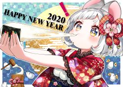 Rule 34 | !, + +, 1girl, 2020, absurdres, animal, animal ears, bell, blue eyes, blush, brown eyes, checkered background, chinese zodiac, closed mouth, commentary request, diagonal bangs, eating, fingernails, floral print, food, green nails, happy new year, highres, holding, holding food, japanese clothes, jingle bell, kimono, kine, kurihara sakura, mallet, mochi, mochi trail, mortar (bowl), mouse (animal), mouse ears, multicolored eyes, multicolored nails, nail polish, new year, obi, original, outside border, outstretched arms, print kimono, red kimono, red nails, sash, short hair, short sleeves, silver hair, solo, thick eyebrows, upper body, year of the rat, yellow nails