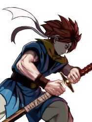 Rule 34 | 1boy, angry, belt, blue eyes, chrono trigger, closed mouth, crono (chrono trigger), from side, headband, highres, holding, holding sword, holding weapon, katana, male focus, muscular, muscular male, orange hair, pants, peiroke, scarf, sheath, short hair, short sleeves, solo, spiked hair, square enix, sword, tunic, unsheathing, weapon, white background, wristband