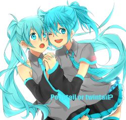 Rule 34 | 2girls, alternate hairstyle, aqua eyes, aqua hair, bad id, bad pixiv id, detached sleeves, dual persona, holding hands, hatsune miku, long hair, multiple girls, necktie, one eye closed, ponytail, riputon, smile, thighhighs, twintails, very long hair, vocaloid, wink