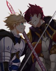 Rule 34 | 2boys, armor, arthur pendragon (fate), bad id, bad twitter id, blonde hair, clenched teeth, crossed swords, fate/prototype, fate/prototype: fragments of blue and silver, fate (series), grey background, lucius tiberius (fate), male focus, multiple boys, pink hair, signature, simple background, sword, teeth, upper body