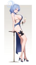 Rule 34 | 1girl, ako (blue archive), alcohol, backless outfit, bare legs, bare shoulders, black footwear, blue archive, blue eyes, blue hair, blush, breasts, closed mouth, cup, dress, drinking glass, earrings, full body, gun, hair between eyes, halo, halterneck, high heels, highres, holding, holster, jewelry, large breasts, legs, long hair, looking at viewer, official alternate costume, paid reward available, shoes, short hair, sideboob, simple background, sitting, skindentation, smile, solo, suzuya (maru), thigh holster, thigh strap, thighs, weapon, wine glass
