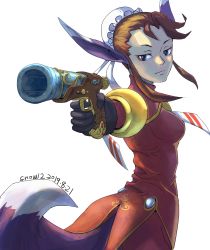 Rule 34 | 1girl, absurdres, animal ears, breasts, breath of fire, breath of fire iv, brown hair, bun cover, capcom, closed mouth, dated, dress, eyeshadow, gloves, gun, highres, looking at viewer, makeup, short hair, simple background, solo, tail, ursula (breath of fire), weapon, white background