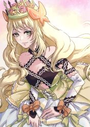 Rule 34 | 1girl, bare shoulders, blonde hair, butterfly hair ornament, celine (fire emblem), closed mouth, crown, detached sleeves, dress, fire emblem, fire emblem engage, flat chest, flower, green eyes, hair flower, hair ornament, highres, long hair, looking at viewer, nintendo, smile, solo, twitter username, umi ( oneinchswing), upper body, very long hair