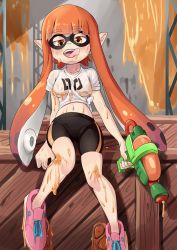 Rule 34 | 1girl, bike shorts, blunt bangs, breasts, crate, domino mask, full body, gluteal fold, half-closed eyes, highres, inkling player character, long hair, looking down, mask, matching hair/eyes, medium breasts, midriff, naughty face, navel, nico-mo, nintendo, open mouth, orange eyes, orange hair, pointy ears, shirt, shoes, sitting, sneakers, solo, splatoon (series), suggestive fluid, t-shirt, teeth, tentacle hair, tongue, tongue out, upper teeth only, water gun, wet, white shirt