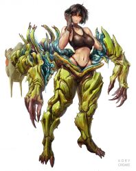 1girl armor artist_name biomechanical biopunk black_hair breasts brown_gloves carapace claws full_body gloves green_eyes highres kory_cromie medium_breasts navel original power_armor science_fiction short_hair solo standing wet white_background