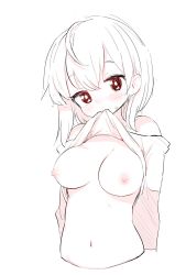 Rule 34 | 1girl, blush, breasts, clothes lift, done (donezumi), female focus, highres, monochrome, mouth hold, navel, nipples, original, shirt lift, solo