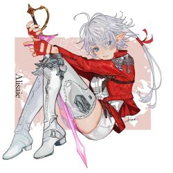 Rule 34 | 1girl, ailout2, alisaie leveilleur, antenna hair, blue eyes, boots, character name, cropped jacket, elezen, elf, eyes visible through hair, final fantasy, final fantasy xiv, fingerless gloves, from side, full body, gloves, grey hair, hair ribbon, highres, holding, holding sword, holding weapon, jacket, knee pads, knees together feet apart, knees up, long hair, long sleeves, looking at viewer, open clothes, open jacket, parted lips, pink background, pointy ears, ponytail, rapier, red gloves, red jacket, red mage (final fantasy), ribbon, romper, simple background, solo, sword, thigh boots, two-tone background, weapon, white background, white footwear, white romper