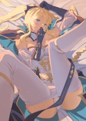 Rule 34 | 1girl, arm up, bed sheet, belt, black gloves, blonde hair, blue capelet, blue eyes, blush, breasts, cacn, capelet, cleavage, clothes pull, coattails, commentary, covering own mouth, dated, detached collar, detached sleeves, dress, feet out of frame, furrowed brow, genshin impact, gloves, hair between eyes, half updo, hand over own mouth, highres, jean (genshin impact), legs up, long hair, looking at viewer, loose belt, lying, m legs, medium breasts, on back, on bed, open mouth, panties, pantyhose, pantyhose pull, ponytail, sidelocks, signature, solo, strapless, strapless dress, thighs, underwear, white dress, white panties, white pantyhose