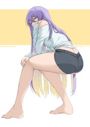 Rule 34 | 1girl, absurdres, ass, barefoot, blonde hair, byeon dha, colored inner hair, commentary, covered mouth, elbow rest, full body, highres, hololive, hololive indonesia, invisible chair, legs, long hair, moona hoshinova, multicolored hair, panties, panty peek, pantylines, purple hair, short shorts, shorts, single bare shoulder, sitting, solo, starry hair, thighs, two-tone hair, underwear, very long hair, virtual youtuber