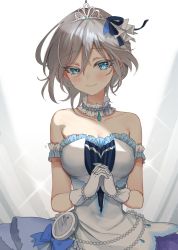 Rule 34 | 1girl, anastasia (idolmaster), bare shoulders, blue eyes, blue ribbon, blush, bracelet, breasts, choker, cleavage, clock, collarbone, curtains, dress, frill trim, frills, gloves, grey hair, hair between eyes, hair ribbon, half gloves, highres, idolmaster, idolmaster cinderella girls, jewelry, medium breasts, multicolored clothes, multicolored dress, off-shoulder dress, off shoulder, own hands together, pearl bracelet, pearl choker, pendant, ribbon, rum raisin (chihiromakita19), short hair, sleeveless, sleeveless dress, smile, solo, sparkle background, tiara, upper body, white gloves