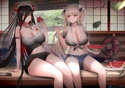 Rule 34 | 2girls, alternate costume, artist name, azur lane, black hair, black shorts, breasts, casual, cellphone, cleavage, denim, denim shorts, earrings, electric fan, feet out of frame, food, formidable (azur lane), friedrich der grosse (azur lane), fruit, gdat, german flag, grey hair, grey shirt, hair between eyes, horns, huge breasts, indoors, jewelry, large breasts, long hair, mechanical horns, midriff, multiple girls, open fly, open mouth, orange eyes, phone, red horns, shirt, short sleeves, shorts, smartphone, tree, twitter logo, unbuttoned, unbuttoned shirt, very long hair, watermelon, yellow eyes