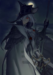 Rule 34 | 1girl, absurdres, arknights, ascot, black cape, black dress, black gloves, black headwear, cape, commentary, dress, english commentary, expressionless, gladiia (arknights), gloves, hair over one eye, hat, highres, holding, holding sword, holding weapon, looking away, misaq, moon, night, outdoors, pointy ears, red eyes, sideways glance, silver hair, silver neckwear, sword, upper body, weapon
