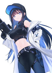 Rule 34 | 1girl, absurdres, bare shoulders, baseball cap, belt, black belt, black gloves, black hat, black pants, black shirt, blue archive, blue eyes, blue hair, bocchi (kuropom7), breasts, coat, commentary request, cowboy shot, crop top, gloves, grin, gun, hat, highres, holding, holding gun, holding weapon, large breasts, leggings, long hair, long sleeves, looking at viewer, midriff, navel, off shoulder, open clothes, open coat, pants, parted lips, saori (blue archive), shirt, simple background, sleeveless, sleeveless shirt, smile, solo, standing, stomach, thighs, very long hair, weapon, white background, white coat
