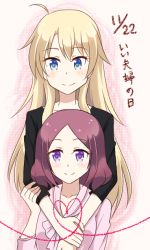 Rule 34 | 2girls, arms around neck, black shirt, blonde hair, blue eyes, blush, commentary request, dated, heart, heart of string, long hair, looking at viewer, multiple girls, new game!, purple eyes, purple hair, shirt, short hair, simple background, smile, string, string of fate, tissy (mickey), tooyama rin, translated, yagami kou, yuri