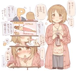 Rule 34 | 1boy, 1girl, 7010, blush, breasts, brown eyes, brown hair, cleavage, commentary request, flower, food, formal, hair flower, hair ornament, heart, heart-shaped pupils, idolmaster, idolmaster cinderella girls, jewelry, large breasts, long sleeves, looking at viewer, mimura kanako, mouth hold, necklace, necktie, p-head producer, pocky, pocky day, pocky kiss, producer (idolmaster), shared food, short hair, skirt, smile, suit, symbol-shaped pupils, translation request
