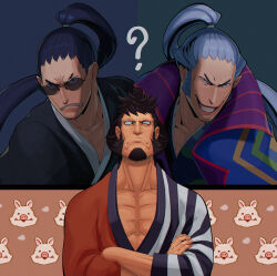 Rule 34 | 2boys, ?, aged up, black hair, blue hair, closed mouth, confused, crossed arms, dark blue hair, denjirou (one piece), facial hair, goatee, high ponytail, japanese clothes, kinemon, long hair, multiple boys, one piece, ponytail, short hair, sideburns, smile, sunglasses, time paradox, zitszy