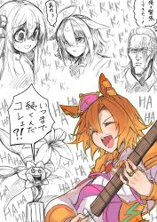 Rule 34 | 1boy, 3girls, absurdres, animal ears, bocchi the rock!, closed eyes, commentary request, crown, flowey (undertale), gotoh hitori, guitar, highres, horse ears, horse girl, instrument, king (one-punch man), laughing, long hair, maromaron taitei, meisho doto (umamusume), multiple girls, one-punch man, open mouth, orange hair, scar, scar across eye, sweat, t.m. opera o (umamusume), translation request, umamusume, undertale