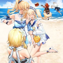 Rule 34 | 5girls, bag, barbara (genshin impact), barbara (summertime sparkle) (genshin impact), bare shoulders, beach, bird, blonde hair, blouse, blue sky, cabbie hat, choker, day, detached sleeves, dress, duck, closed eyes, feet, genshin impact, halo, hat, high heels, highres, holding another&#039;s arm, jean (genshin impact), jean (sea breeze dandelion) (genshin impact), klee (genshin impact), long sleeves, lumine (genshin impact), multiple girls, ocean, open mouth, outdoors, paimon (genshin impact), ponytail, shirt, siblings, sisters, sky, sleeveless, soruna (nell), swimsuit, twintails, white hair