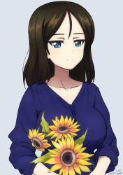 Rule 34 | 1girl, artist name, black hair, blue eyes, blue shirt, bukkuri, casual, closed mouth, commentary request, dated, flower, girls und panzer, grey background, half-closed eyes, highres, holding, holding flower, light smile, long hair, long sleeves, looking at viewer, nonna (girls und panzer), partial commentary, shirt, signature, simple background, solo, sunflower, swept bangs, upper body