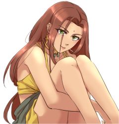 Rule 34 | 1girl, arc the lad, arc the lad ii, bare shoulders, brown hair, commentary request, dark skin, dark-skinned female, dress, green eyes, long hair, looking at viewer, sania (arc the lad), simple background, sitting, smile, solo, tank top