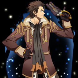 Rule 34 | 1boy, alvin (tales), brown eyes, brown hair, gloves, gun, hand on own hip, hip focus, housui (g3hopes), male focus, scarf, smile, solo, tales of (series), tales of xillia, weapon