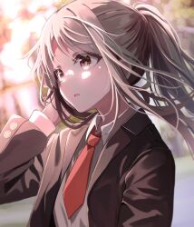 Rule 34 | 1girl, black jacket, blurry, blurry background, blush, brown eyes, collared shirt, depth of field, grey hair, hand up, highres, jacket, long hair, necktie, open clothes, open jacket, original, parted lips, ponytail, red necktie, seero, shirt, solo, upper body, white shirt
