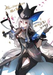Rule 34 | 1girl, arknights, belt, belt buckle, black belt, black gloves, black hat, black jacket, black pants, buckle, clothing cutout, commentary request, gloves, grey hair, grey shirt, hair between eyes, hand up, hat, highres, holding, holding sword, holding weapon, jacket, long hair, looking at viewer, pants, parted lips, red eyes, shirt, simple background, skadi (arknights), solo, sword, thigh cutout, tianye toshi, translation request, very long hair, weapon, white background