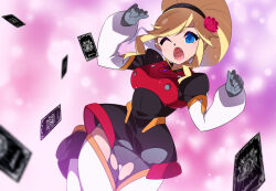 Rule 34 | 1girl, armor, battle spirits, battle spirits: heroes, black bodysuit, black dress, blonde hair, blue eyes, blurry, blurry background, blurry foreground, bodysuit, breastplate, breasts, commentary request, commission, dress, flower, hair flower, hair ornament, high ponytail, izumi rollerthrough junko, kaidou zx, long hair, medium breasts, one eye closed, pink background, pixiv commission, red armor, red flower, solo, torn bodysuit, torn clothes, trading card