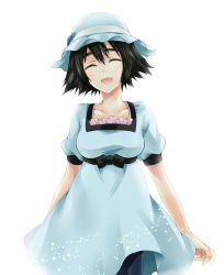 Rule 34 | 1girl, :d, black hair, black pants, blue bow, blue dress, blue hat, bow, breasts, closed eyes, collarbone, dress, hair between eyes, hat, hat bow, hat ribbon, kubyou azami, medium breasts, open mouth, pants, pants under dress, rei no himo, ribbon, shiina mayuri, short dress, short hair, short sleeves, simple background, smile, solo, standing, steins;gate, sundress, white background, white ribbon