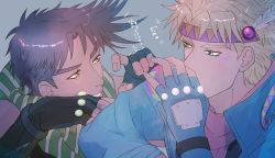 Rule 34 | 2boys, absurdres, battle tendency, blonde hair, blue jacket, brown hair, blowing bubbles, caesar anthonio zeppeli, facial mark, feather hair ornament, feathers, fingerless gloves, gloves, green eyes, green scarf, hair ornament, headband, highres, jacket, jojo no kimyou na bouken, joseph joestar, joseph joestar (young), male focus, multicolored clothes, multicolored scarf, multiple boys, sano (hospital 0434), scarf, spiked hair, striped clothes, striped scarf, triangle print, yellow scarf