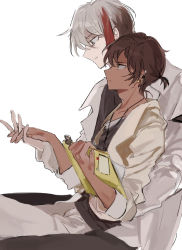 Rule 34 | 2boys, arknights, black pants, black shirt, brown hair, clipboard, closed mouth, coat, collarbone, commentary request, dark-skinned male, dark skin, ear piercing, elysium (arknights), from side, frown, grey hair, grey pants, highres, holding, holding clipboard, holding hands, interlocked fingers, jacket, jewelry, looking at another, male focus, marumarukin, multicolored hair, multiple boys, necklace, pants, piercing, profile, red hair, shirt, short hair, simple background, sitting, sitting on lap, sitting on person, sleeves rolled up, smile, streaked hair, thorns (arknights), white background, white coat, white jacket, yaoi