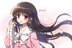 Rule 34 | 1girl, :d, black hair, blunt bangs, bow, bowtie, collarbone, floating hair, hime cut, houraisan kaguya, light particles, long hair, long sleeves, looking at viewer, mauve, one-hour drawing challenge, open mouth, red eyes, smile, solo, touhou, twitter username, upper body, very long hair, white bow, white bowtie, wide sleeves