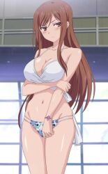 Rule 34 | 1girl, breasts, brown eyes, brown hair, cleavage, embarrassed, highres, large breasts, long hair, looking at viewer, non-web source, overflow (hentai), shirakawa ayane (overflow), simple background, solo