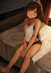 Rule 34 | 1girl, barefoot, blush, brown eyes, brown hair, dark-skinned female, dark skin, hair ornament, hairclip, highres, i-401 (kancolle), kantai collection, looking to the side, nedokoro mitsuki, on bed, ponytail, sailor collar, school swimsuit, shirt, side-tie shirt, sitting, sleeveless, sleeveless shirt, solo, swimsuit, swimsuit under clothes, tan