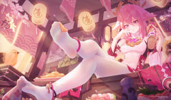 Rule 34 | 1girl, animal ears, bird, breasts, closed mouth, crossed legs, dango, detached sleeves, dress, english text, feet, fish (food), food, foot focus, fox ears, from below, genshin impact, hair between eyes, hair ornament, highres, holding sandals, icecake, lantern, legs, long hair, long sleeves, medium breasts, nigirizushi, no shoes, pantyhose, paper lantern, pink hair, purple eyes, sandals, sanshoku dango, sitting, smile, soles, solo, sushi, toes, unworn sandals, wagashi, white dress, white pantyhose, yae miko