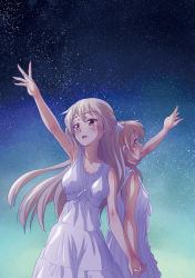 Rule 34 | 2girls, arm up, back-to-back, bare shoulders, blonde hair, brown eyes, dress, gradient background, hairband, half updo, holding hands, long hair, multiple girls, night, open mouth, original, outstretched hand, parted lips, sky, star (sky), starry sky, sundress, totsuki touka (orange factory), very long hair, white dress