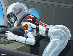 Rule 34 | 00s, 1girl, ass, bodysuit, female focus, green hair, honjo mikaze, looking at viewer, smile, solo, spacesuit, stratos 4, twintails, verdun (berudan)
