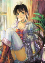 Rule 34 | 1girl, bad id, bad pixiv id, black hair, boots, braid, crown, docoi, dress, earrings, female focus, gloves, green eyes, indoors, jewelry, necklace, panties, plant, sitting, solo, striped clothes, striped panties, thighhighs, twin braids, underwear, window