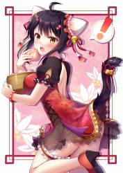 Rule 34 | 1girl, ass, back cutout, black hair, blush, breasts, china dress, chinese clothes, clothing cutout, dress, eating, highres, holding, large breasts, looking at viewer, medium hair, open mouth, original, simple background, solo, suzumia (daydream), tail, thigh strap, thighs, yellow eyes