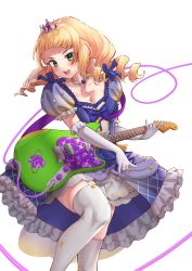 Rule 34 | 1girl, :d, \m/, absurdres, blonde hair, blunt bangs, commentary, dress, elbow gloves, electric guitar, english commentary, fender cyclone, garter straps, gloves, green eyes, guitar, heanna sumire, highres, holding, holding instrument, instrument, knee up, long hair, looking at viewer, love live!, love live! superstar!!, medium dress, mixed-language commentary, music, nonfiction!! (love live!), open mouth, playing instrument, puffy short sleeves, puffy sleeves, purple dress, ringlets, short bangs, short sleeves, showgirl skirt, simple background, smile, solo, teeth, thighhighs, tiara, upper teeth only, ushio ochinashi, v-shaped eyebrows, white background, white gloves, white thighhighs