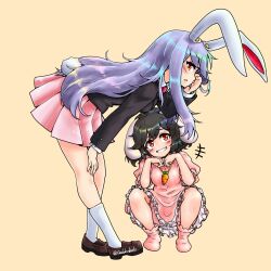 Rule 34 | +++, 2girls, ahoge, animal ears, black hair, black jacket, blazer, blush, breasts, brown footwear, carbohydrate (asta4282), carrot necklace, chinese zodiac, collared shirt, commentary request, dress, floppy ears, frilled dress, frills, full body, grin, hand on own knee, highres, inaba tewi, jacket, jewelry, leaning forward, loafers, long hair, long sleeves, looking at viewer, medium breasts, messy hair, multiple girls, necklace, necktie, pink dress, pink skirt, pink socks, pleated skirt, profile, puffy short sleeves, puffy sleeves, purple hair, rabbit ears, rabbit girl, rabbit tail, red eyes, red necktie, reisen udongein inaba, shirt, shoes, short hair, short sleeves, simple background, skirt, smile, socks, squatting, tail, touhou, twitter username, very long hair, white shirt, year of the rabbit, yellow background